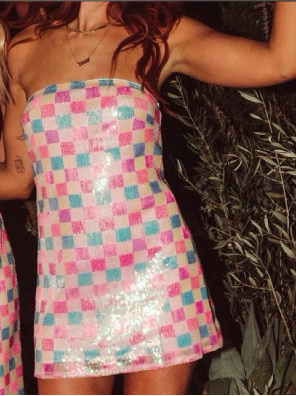 Show Me Your MuMu Pink + Teal Checkerboard Sequin Mini Dress